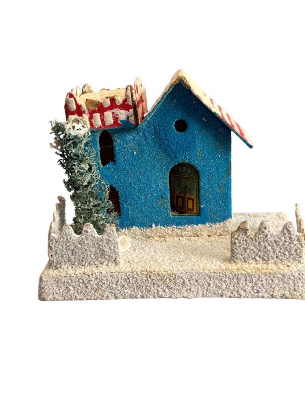 Vintage Christmas Putz House Blue Cottage Bottle Brush Tree Cardboard Japan Styl - Picture 3 of 8